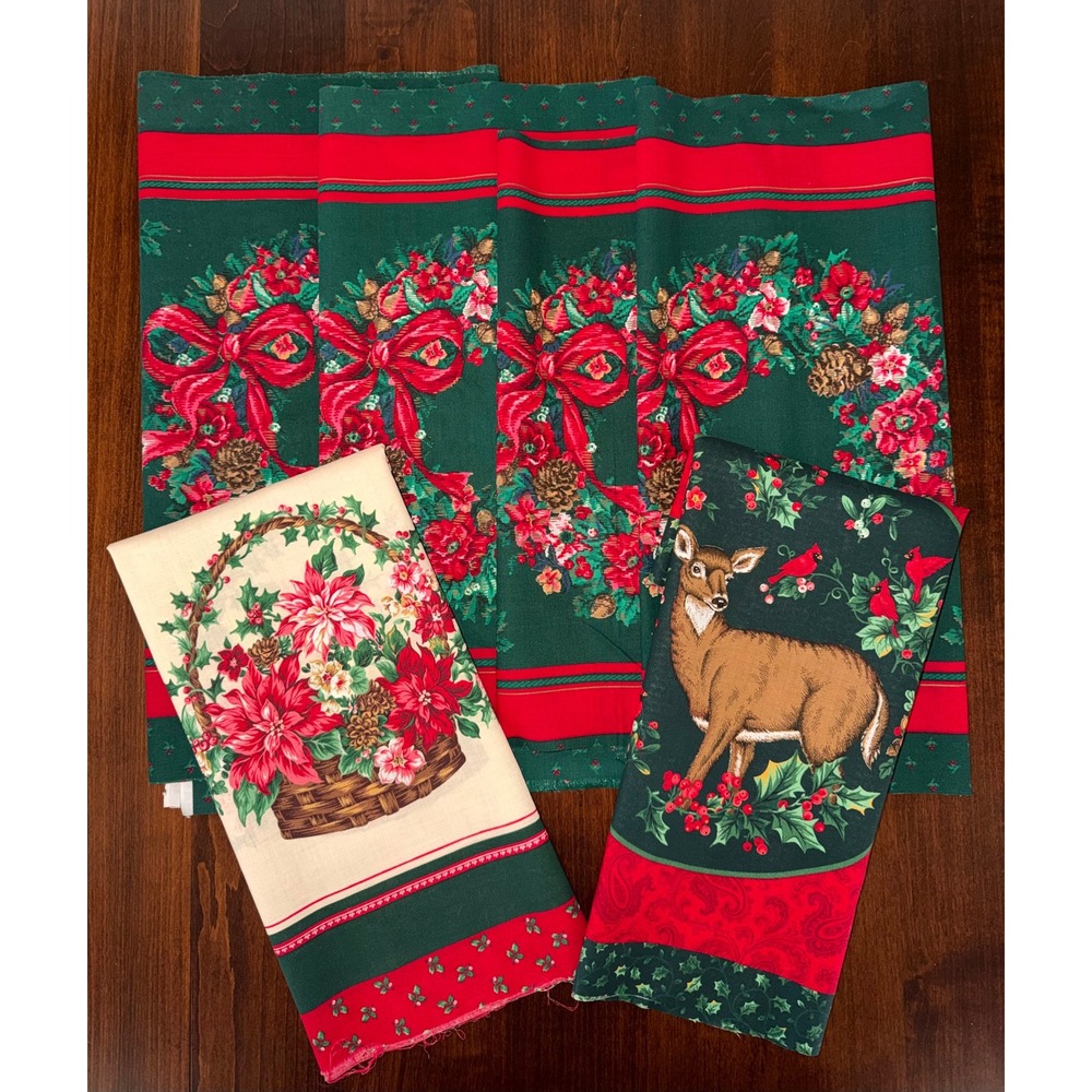 Vintage Cranston Holiday Pillow Panel Quilting Fabric Lot Wreath Deer Christmas